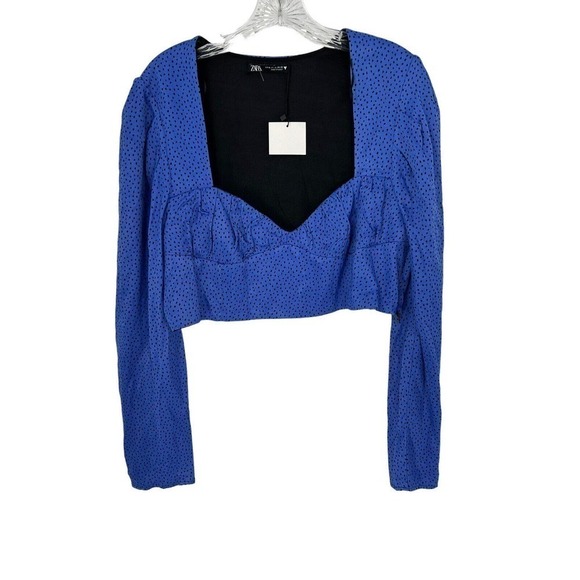 Zara Blue Black Polka Dot Long Sleeve Crop Top Women’s Size XL - Picture 7 of 14